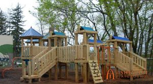 Large playground with multiple platforms. Built for YWCA in Asheville, NC - Asheville Playgrounds