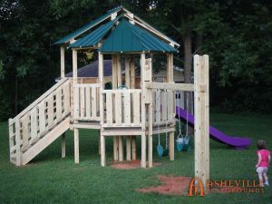 Residential Play Set with Roofed Platform, Swings, and Slide - Asheville Playgrounds