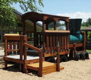 Train play set first built in 2003. New stain and mulch in 2016 - Asheville Playgrounds